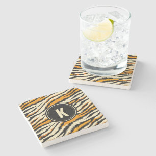 Dessous-de-verre En Pierre Motif Monogramme Rayures de Tigre Noir Orange