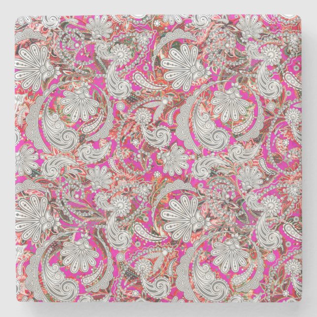 Dessous-de-verre En Pierre Motif paisley blanc rose (Devant)