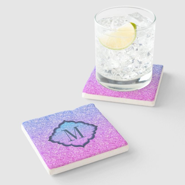 Dessous-de-verre En Pierre Motif Parties scintillant rose et bleu monogramme (Côté)