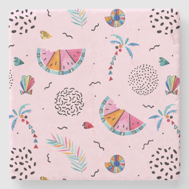 Dessous-de-verre En Pierre Motif rose tropical de style de Memphis (Devant)
