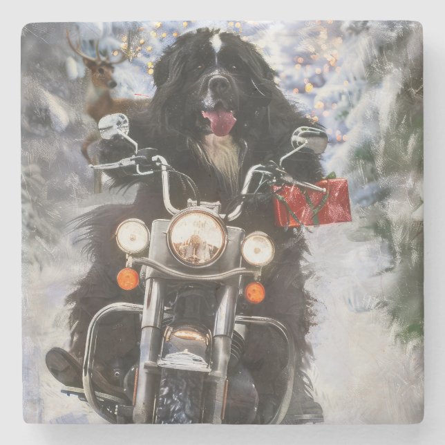 Dessous-de-verre En Pierre Moto à chiens de Terre-Neuve Noël (Devant)