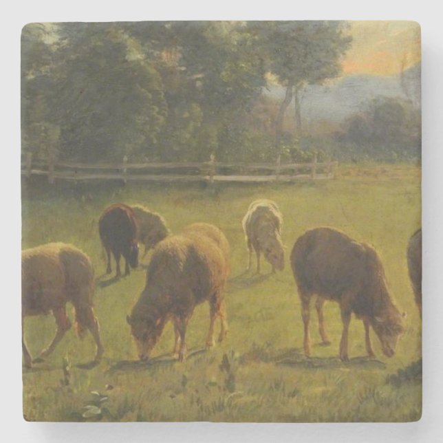 Dessous-de-verre En Pierre Moutons dans un paysage rural (ferme française) (Devant)