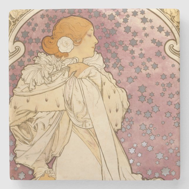 Dessous-de-verre En Pierre Mucha Art nouveau femme beauté (Devant)