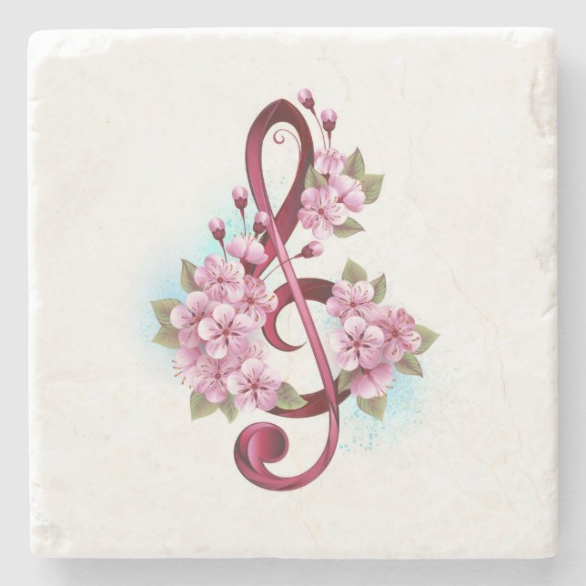 Dessous-de-verre En Pierre Musical treble clef notes with sakura flowers (Devant)