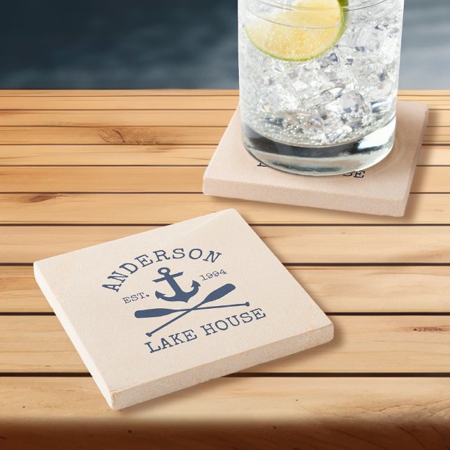 Dessous-de-verre En Pierre Nautical Lake House Blue Ancre Oars Sandstone (Customize to change text size or text style.)