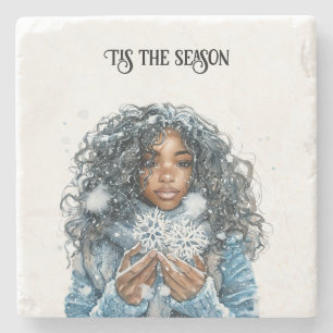 Dessous-de-verre En Pierre Neige d'hiver Fille noire Flocons de neige Noël