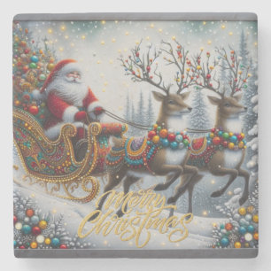 Dessous-de-verre En Pierre Noël classique/Vintage Père Noël & rennes