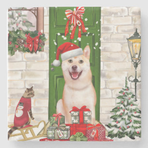 Dessous-de-verre En Pierre Noël de Chien Shiba Inu