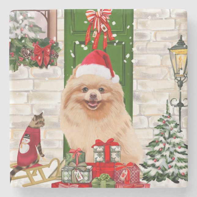 Dessous-de-verre En Pierre Noël du chien de Poméranie (Devant)