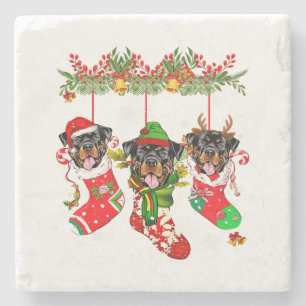 Dessous-de-verre En Pierre Noël Santa Hat Rottweiler Chien Noël Lumières