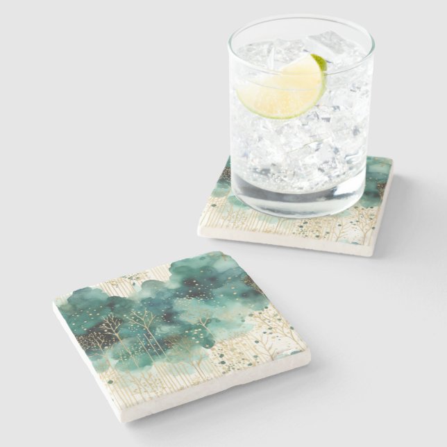 Dessous-de-verre En Pierre Noël Vert Or Blanc Arbres (Côté)