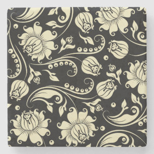 Dessous-de-verre En Pierre Noir Et Crème Vintages Damas Florales