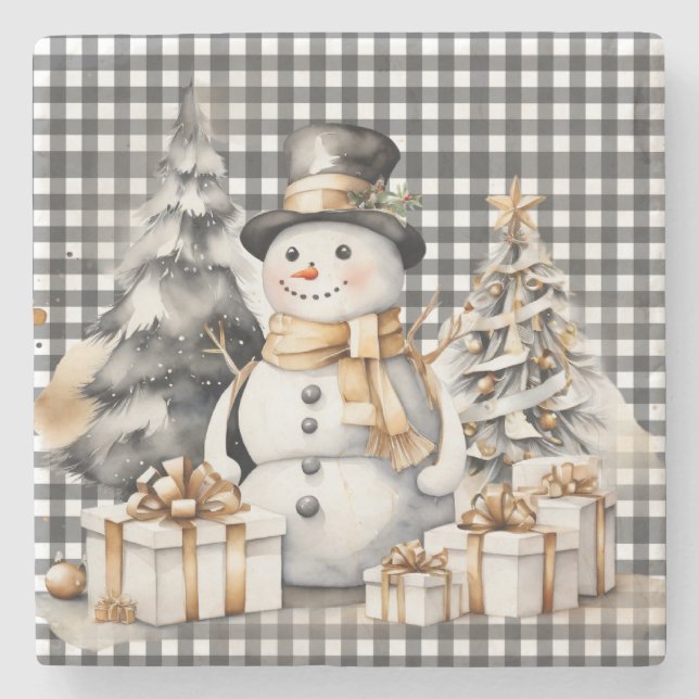 Dessous-de-verre En Pierre Noir Noël snowman design hiver (Devant)