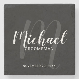 Dessous-de-verre En Pierre Noir Script moderne Groomsmen personnalisé