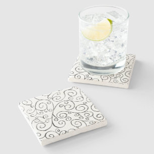 Dessous-de-verre En Pierre Noir sur blanc peint à la main Motif