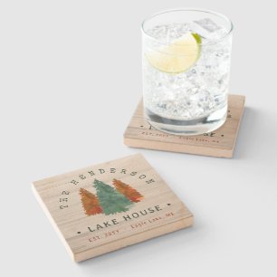 Dessous-de-verre En Pierre Nom de famille Lake House Pine Tree bois Personnal