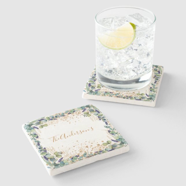 Dessous-de-verre En Pierre Nom de famille paillettes dorées eucalyptus (Côté)