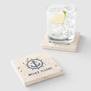Dessous-de-verre En Pierre Nom du bateau nautique Ancre Roue Travertine