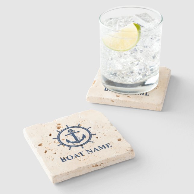 Dessous-de-verre En Pierre Nom du bateau nautique Ancre Roue Travertine (Côté)