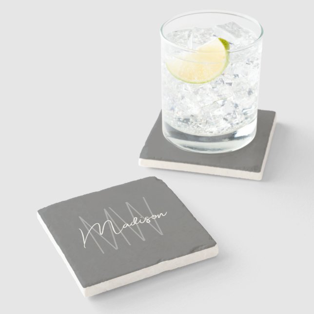 Dessous-de-verre En Pierre Nom Monogramme moderne Script Grey (Côté)
