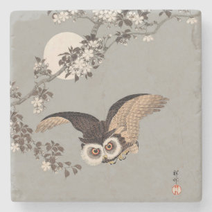 Dessous-de-verre En Pierre Nuit Japonaise Chouette Lune Bois Coupe Flying Nig