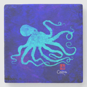 Dessous-de-verre En Pierre Octopus 6 sur Bleu - Dessous de verre en marbre