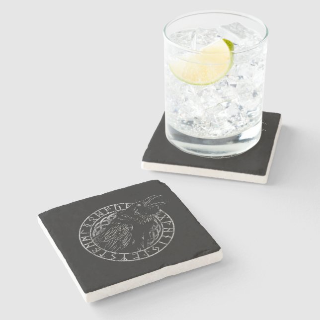 Dessous-de-verre En Pierre Odin Corbeaux Huginn Muninn Cercle Runique Viking (Côté)