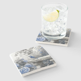 Dessous-de-verre En Pierre Oiseau Bleu au Lavis d'Encre sur un Banc de Jardin