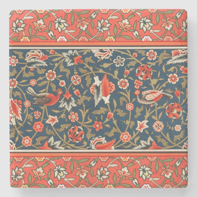 Dessous-de-verre En Pierre Oiseau et fleurs Perse Motif bleu rouge (Devant)