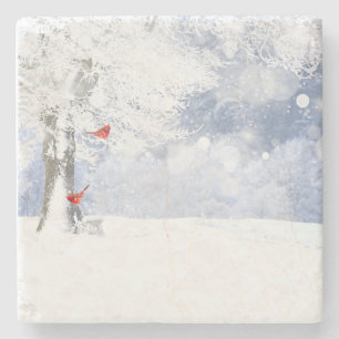 Dessous-de-verre En Pierre Oiseaux cardinaux rouges Arbres enneigés de Noël