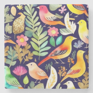 Dessous-de-verre En Pierre Oiseaux colorés motifs floraux décor bleu