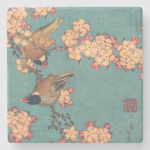 Dessous-de-verre En Pierre Oiseaux Fleurs Hokusai Art Japonais