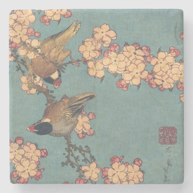 Dessous-de-verre En Pierre Oiseaux Fleurs Hokusai Art Japonais (Devant)