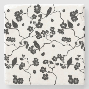 Dessous-de-verre En Pierre Oiseaux Motifs noirs et blancs sur les fleurs de c