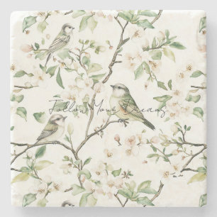 Dessous-de-verre En Pierre Oiseaux verts fleurs blanches arbre
