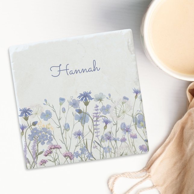 Dessous-de-verre En Pierre Ombre de Fleur sauvage d'aquarelle bleu monogramme (In situ)