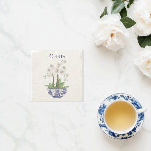 Dessous-de-verre En Pierre Orchidée blanche dans un bol en chinoiserie 