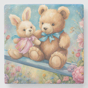 Dessous-de-verre En Pierre Ours en peluche et lapin Assis dans le jardin