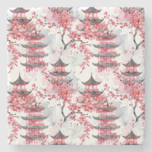 Dessous-de-verre En Pierre Pagode chinoise aquarelle aux fleurs de cerisiers 