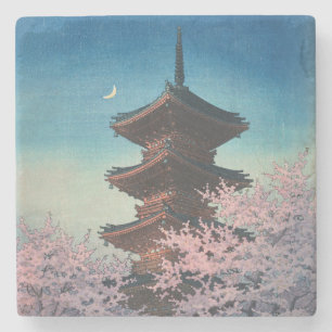 Dessous-de-verre En Pierre Pagode de printemps au crépuscule, estampe japonai