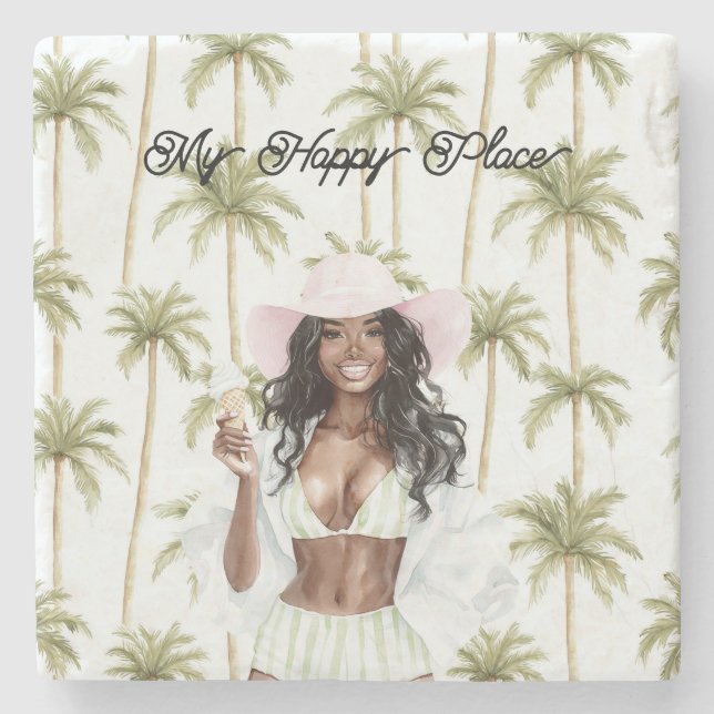 Dessous-de-verre En Pierre Palm Trees Happy Place Black Lady Bathing Suit (Devant)