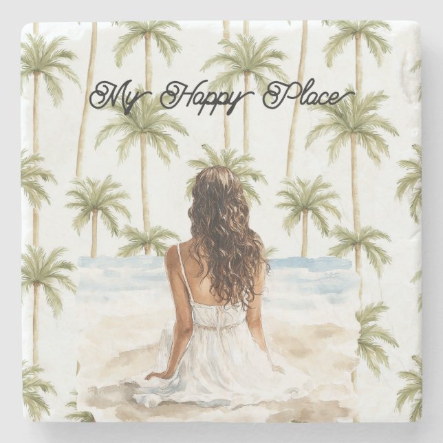 Dessous-de-verre En Pierre Palm Trees Happy Place Brown Hair Lady Dress (Devant)