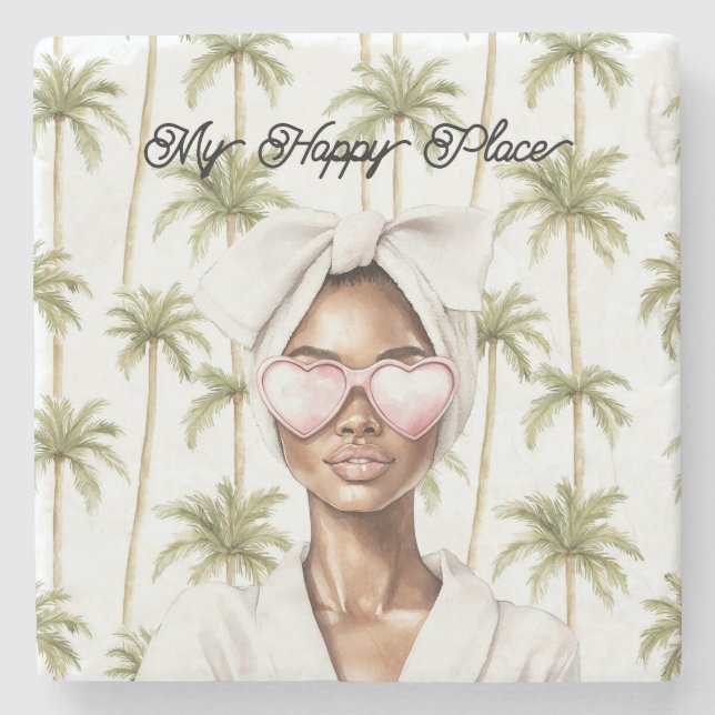 Dessous-de-verre En Pierre Palm Trees Happy Place Heart Glasses Black Lady (Devant)
