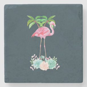 Dessous-de-verre En Pierre Palmiers Flamants roses roses et succulents florau