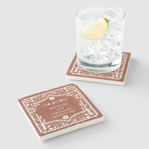 Dessous-de-verre En Pierre Papel Picado Mariage Mexicain Brun Terracotta
