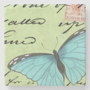Dessous-de-verre En Pierre Papillon à ailes bleues sur carte postale Turquois
