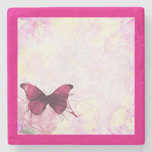 Dessous-de-verre En Pierre Papillon d'aquarelle violet sur rose et jaune