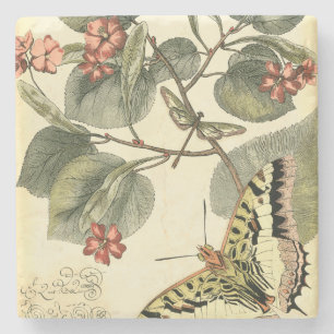 Dessous-de-verre En Pierre Papillon et libellule avec les fleurs rouges