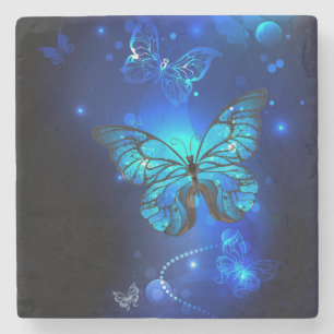Dessous-de-verre En Pierre Papillon Morpho sur fond sombre