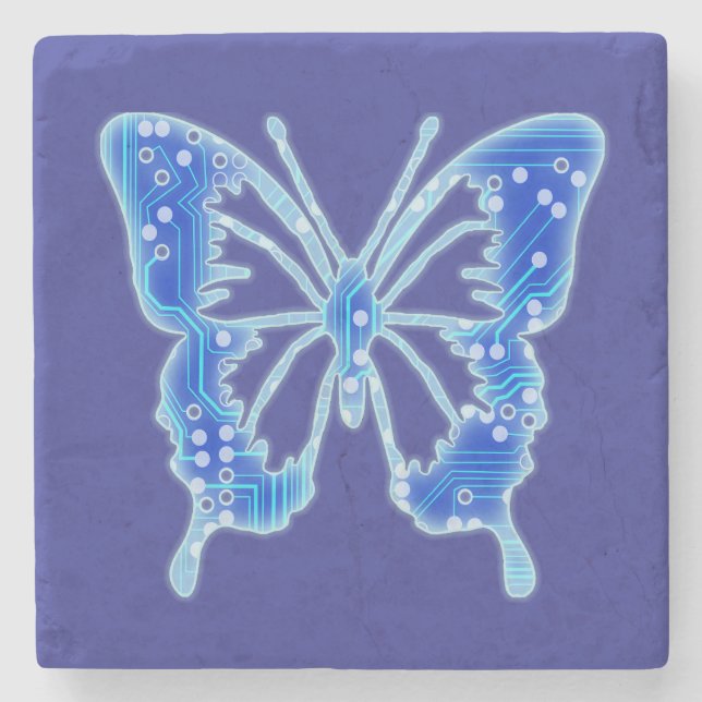 Dessous-de-verre En Pierre Papillon numérique bleu, personnaliser arrière - p (Devant)